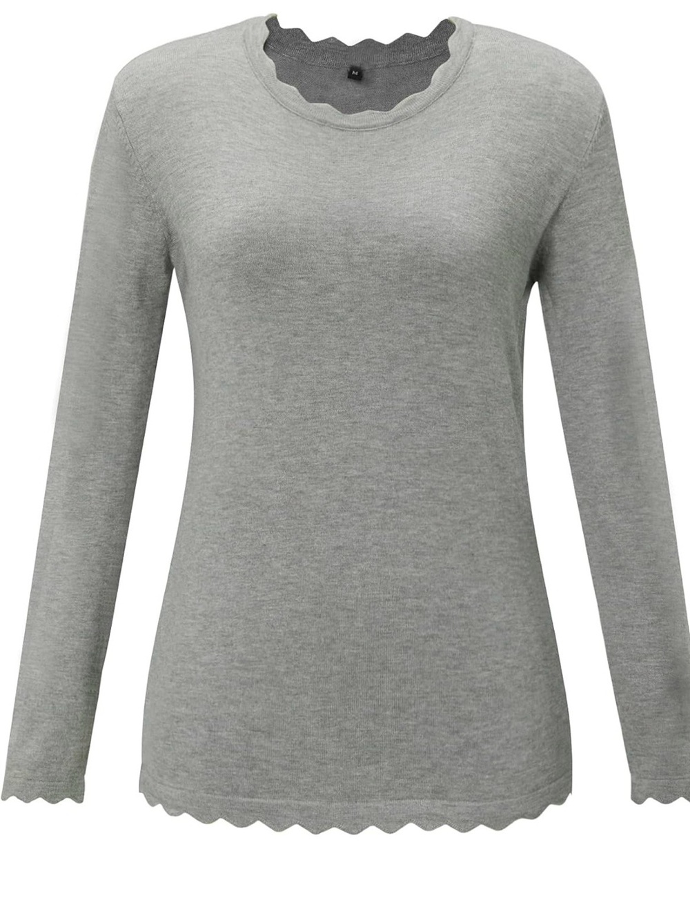 Classic Gray Scallop-Edge Long Sleeve Top